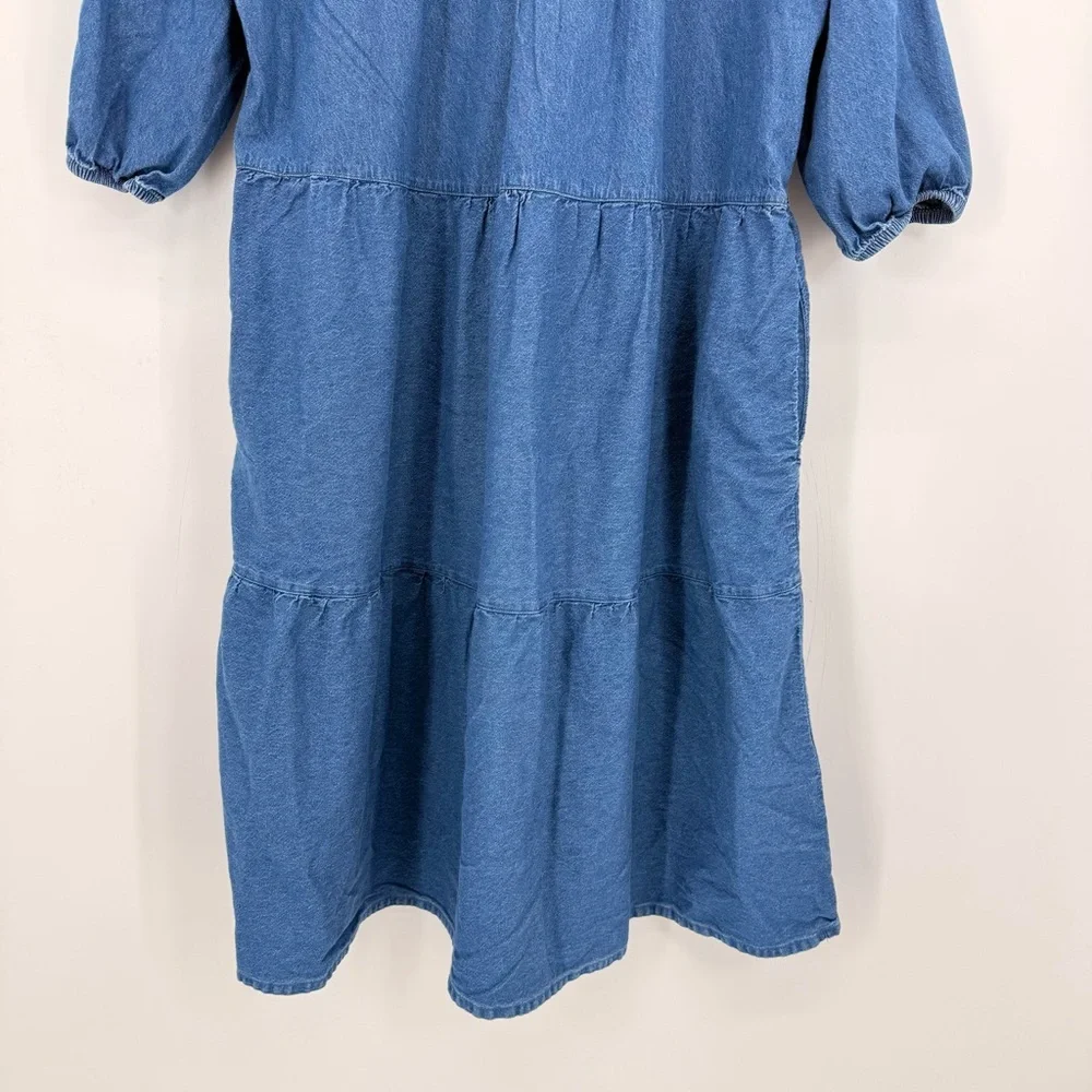 The Vermont Country Store Denim Tiered Midi Muumuu‎ Dress Pockets L Prairie Boho - Picture 7 of 13
